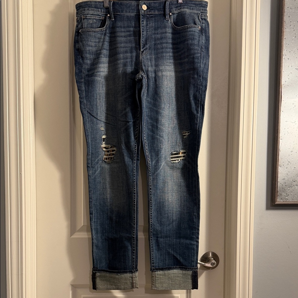 White House Black Market Distressed with Cheetah Print Ankle Jeans - Blue